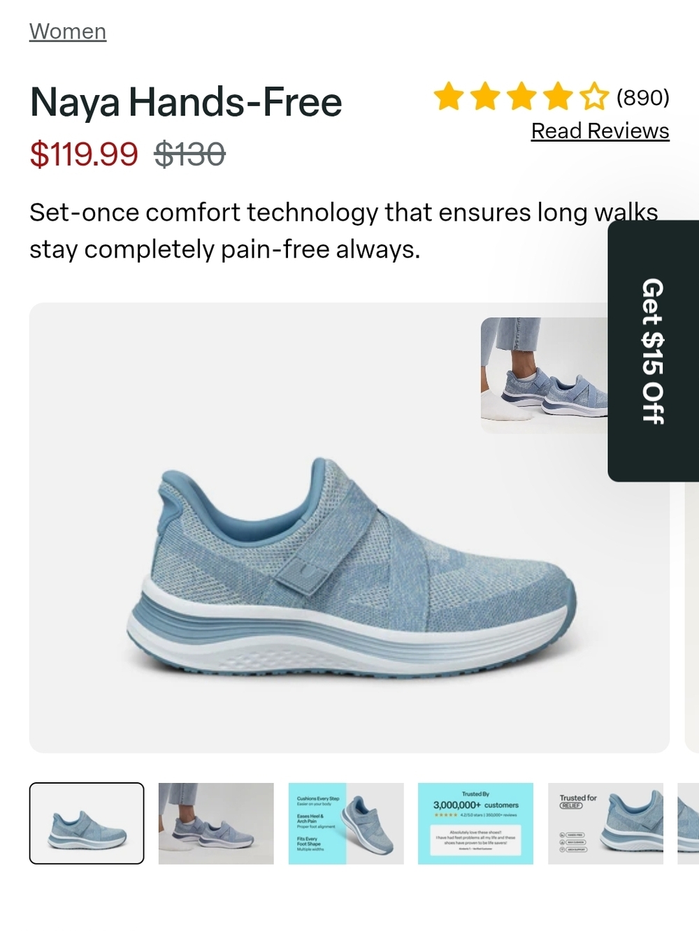 SALE!! Orthofeet Naya Hands Free Light Blue Slip-On Sneakers w/Hook & Loop Strap - Picture 11 of 11